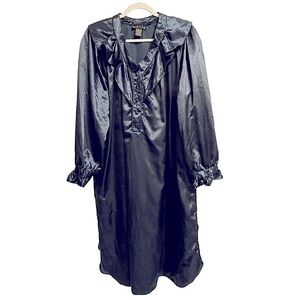 Aria Midnight Blue Flannel Back Satin Ruffled Long Sleeve Night Shirt Size Large